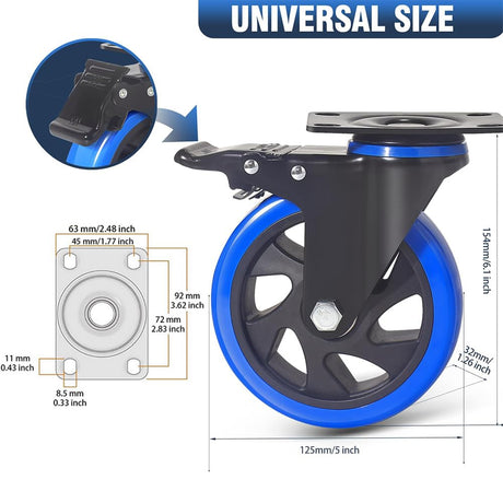 5 Inch Caster Wheels, Casters Set of 4 Heavy Duty with Brake, Safety Dual Locking Casters, No Noise Wheels with Polyurethane Foam, Load 2400LBS (Two Hardware Kits Included) ENYKE
