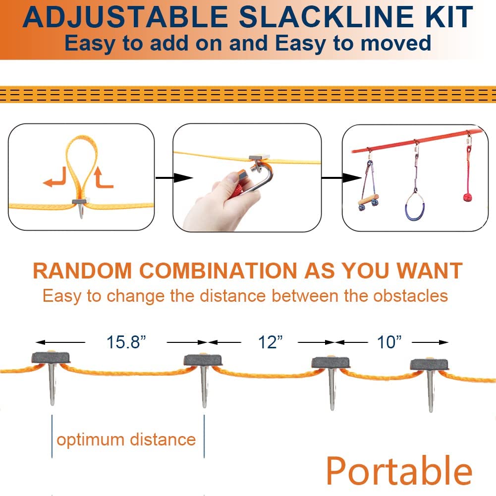 50FT Jungle Gym Ninja Warrior Training Equipment Hanging Monkey Bar, Adjust Kids Adults Obstacles Course Backyard Playground Trapeze Playset- Climb Rope Ladder, Wood Swing Bar, Ninja Ring, Monkey Fist Hokilands