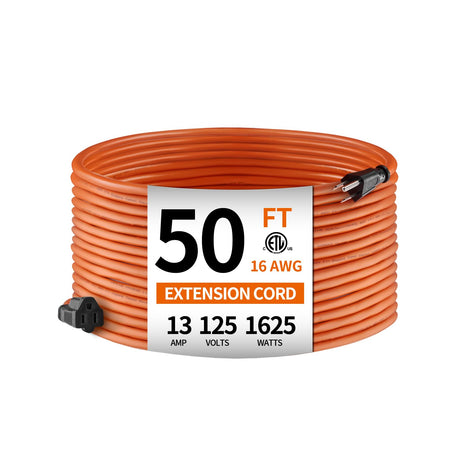 KTMC 50ft 16AWG Outdoor Extension Cord, Indoor/Outdoor 50-Foot SJTW 16/3 Gauge Extension Cable with Durable Weatherproof PVC Vinyl Jacket, 3-Prong Grounded Plug, ETL Certified 13A 1625W, Orange KTMC