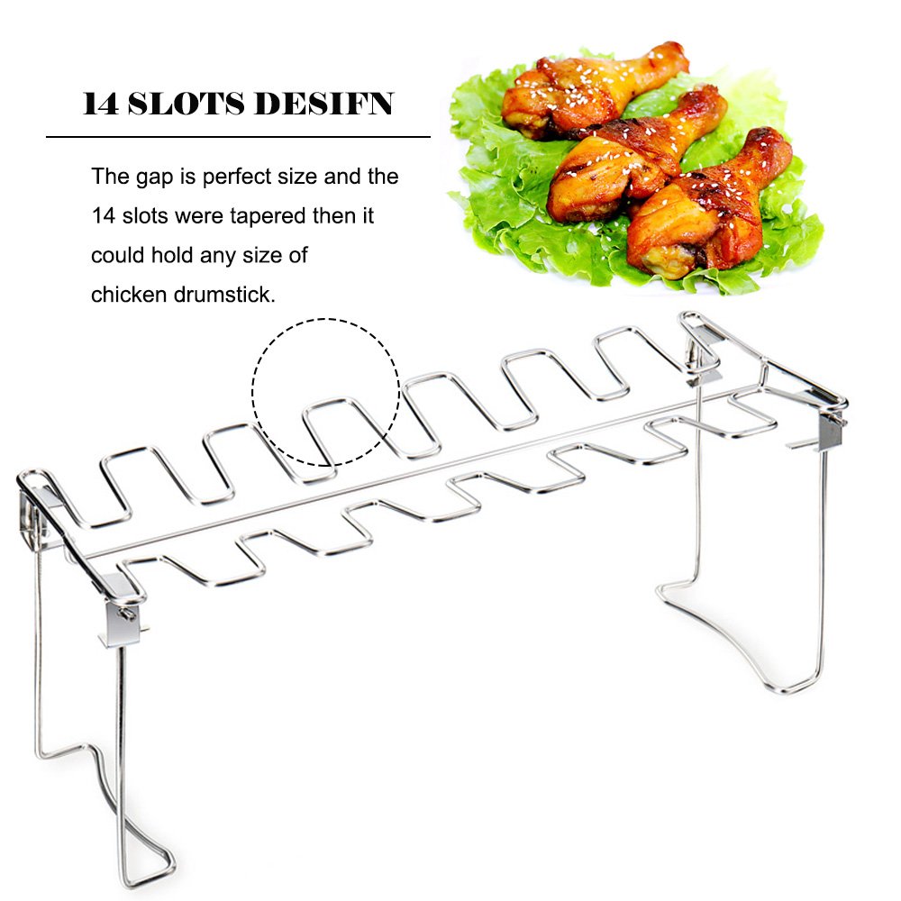G.a HOMEFAVOR Chicken Leg Wing Rack 14 Slots Stainless Steel Metal Roaster Stand with Drip Tray for Smoker Grill or Oven, Dishwasher Safe, Non-Stick, Great for BBQ, Picnic G.a HOMEFAVOR