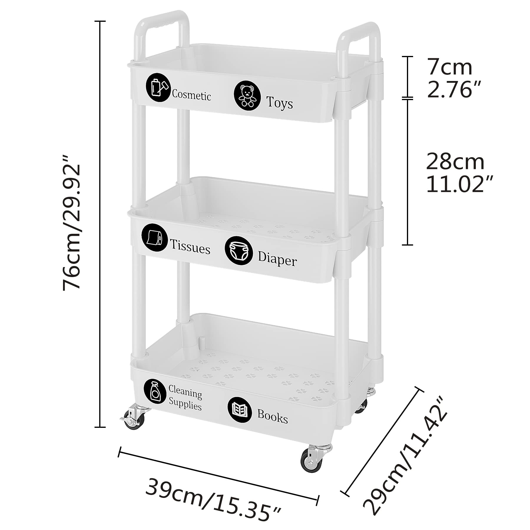 UDEAR 3-Tier Rolling Utility Cart with 12 Category Labels,Multifunctional Storage Shelves with Handle and Lockable Wheels for Room,Office,Kitchen,Bathroom,White - WoodArtSupply