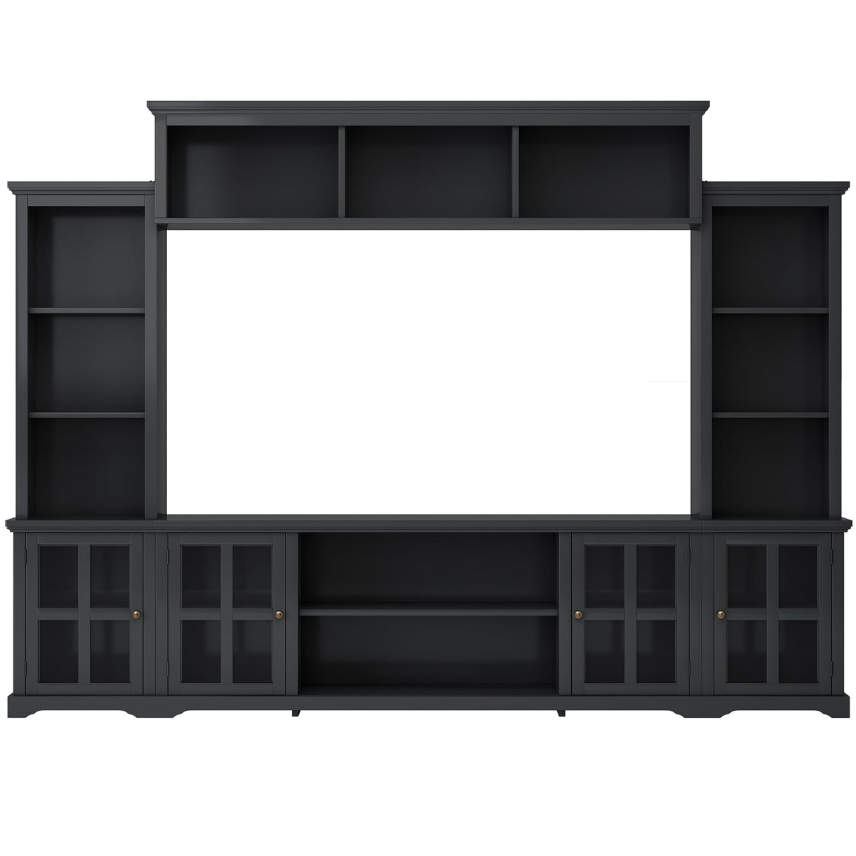 LUMISOL Entertainment Wall Unit with Bridge and Wine Cabinet, Multifunctional TV Stand with Storage Shelves for TVs Up to 70”, Entertainment Center with Tempered Glass Door for Living Room, Black LUMISOL