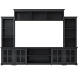 LUMISOL Entertainment Wall Unit with Bridge and Wine Cabinet, Multifunctional TV Stand with Storage Shelves for TVs Up to 70”, Entertainment Center with Tempered Glass Door for Living Room, Black LUMISOL