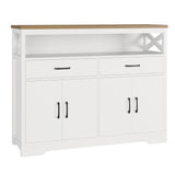 HOSTACK 47" Modern Farmhouse Sideboard Buffet Cabinet, Wood Buffet Storage Cabinet with Drawers & Shelves, Large Coffee Bar Cabinet with Storage, Microwave Stand for Kitchen, Dining Room, White Brown HOSTACK
