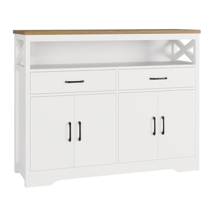 HOSTACK 47" Modern Farmhouse Sideboard Buffet Cabinet, Wood Buffet Storage Cabinet with Drawers & Shelves, Large Coffee Bar Cabinet with Storage, Microwave Stand for Kitchen, Dining Room, Whi - WoodArtSupply