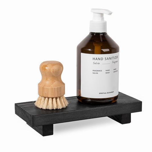 Bathroom Counter Organizer Wood Pedestal Stand Farmhouse Decorative Tray Soap Holder for Kitchen Decor, Small, Black