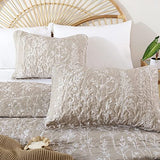 JANZAA Quilts Queen Size Oatmeal Bed Spread with White Floral Pattern Botanical Microfiber Quilts Set Lightweight Comforter 3 Pieces Reversible Bedding Set (1 Queen Quilt and 2 Pillow Cases) JANZAA