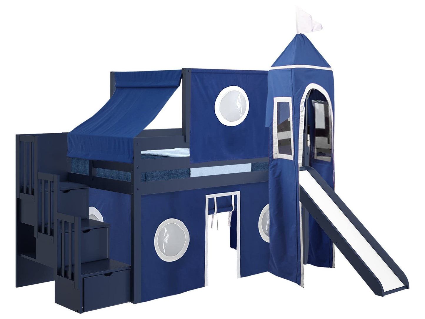 JACKPOT! Castle Stairway Low Loft Bed with 3 Drawers, Slide, Blue and White Tent and Tower, Twin, Blue