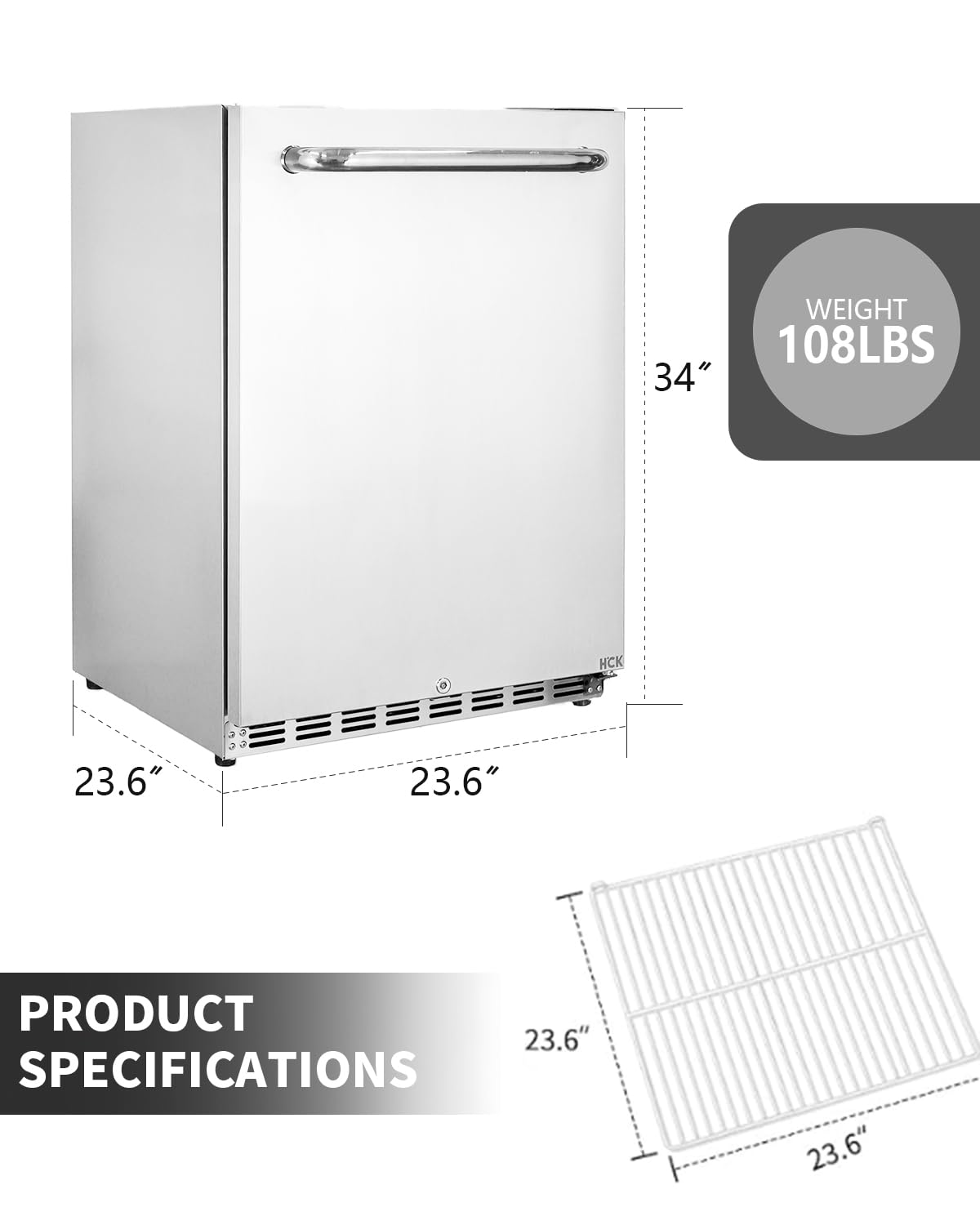 HCK Outdoor Refrigerator 24 Inch, Undercounter Refrigerators with Stainless Steel Door, 161 Can Beverage Fridge for Home Bar, Kitchen, Patio, Outdoor, Commercial Use HCK