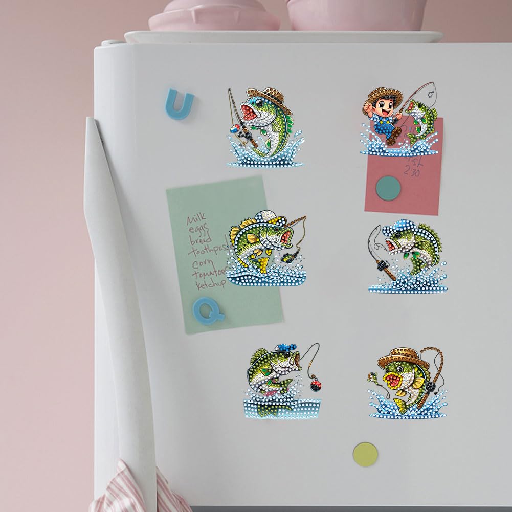 6Pcs Diamond Art Painting Kits, Fishing Diamond Fridge Magnet for Adults 5D Rhinestones Refrigerator Magnetic Stickers for Fridge DIY Crafts Gifts Generic