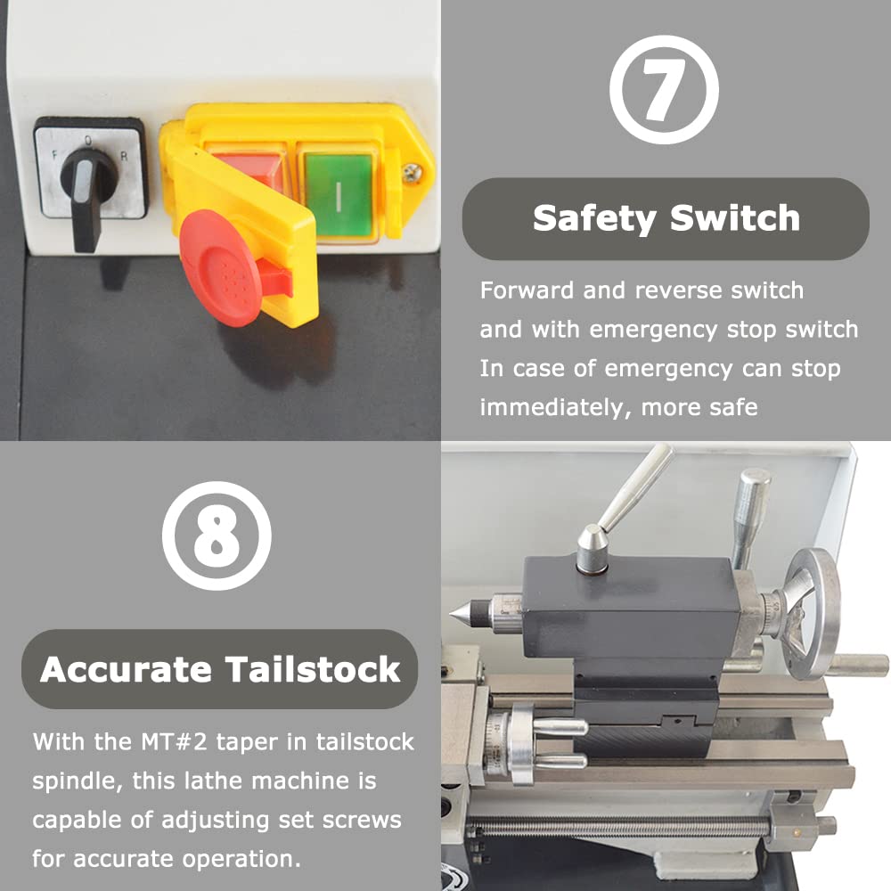 INTBUYING Metal Lathe 8''x16'' Benchtop Mini Lathe Machine Precision Hobby DIY Lathe Industrial Metal Wood Working Table Lathe 900W Brushless 50-2500RPM MT5 Spindle Taper Metric Thread WM210V 110V INTBUYING