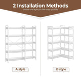 Rolanstar Bookshelf 5 Tier with 4 Hooks, Reversible Corner Bookshelf, 65" Industrial Wooden Bookcase with Open Shelves and Metal Frame for Living Room, Bedroom, Home Office, White Rolanstar