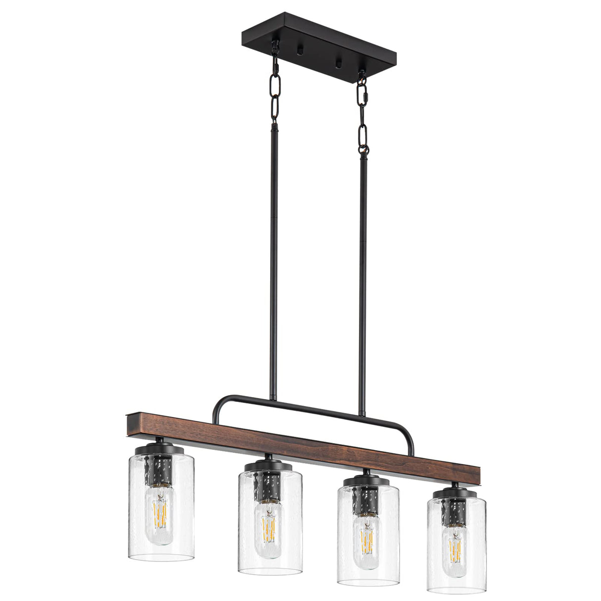 Farmhouse Dining Room Light Fixture, 4-Light Wood Kitchen Island Lighting, Industrial Chandeliers for Dining Room Over Table Black Pendant Light with Seeded Glass Shade for Bar Restaurant HOGBU