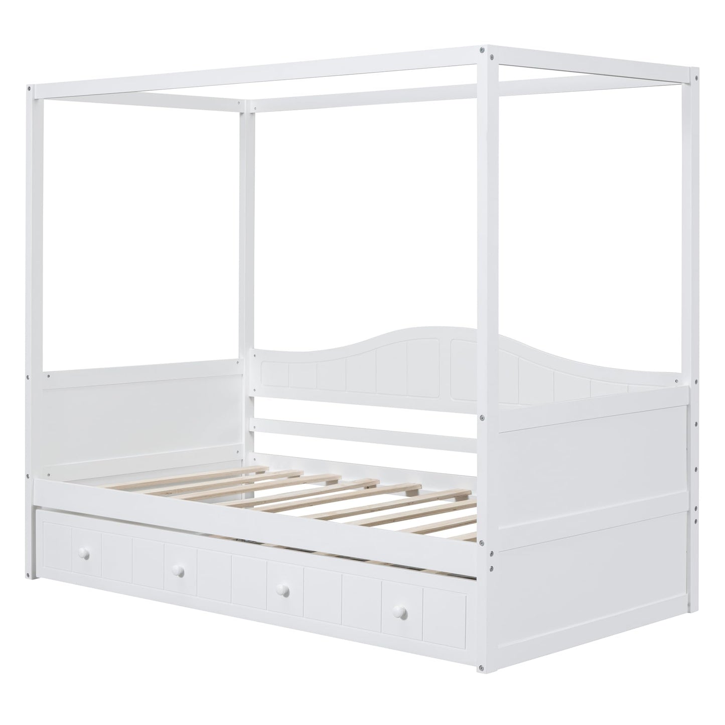 Bellemave Twin Size Canopy Daybed with Trundle,Wood Canopy Bed Frame,4 Poster Bed for Kids,Teens, Adults,Space Saving,White