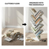 ruboka Tree Bookshelf,Retro Floor Standing Bookcase Display for CDs/Magazine/Books,Small Bookshelf for Bedroom,Living Room,Office,Balcony,Brown Storage Shelves (White, 9 Tier) ruboka
