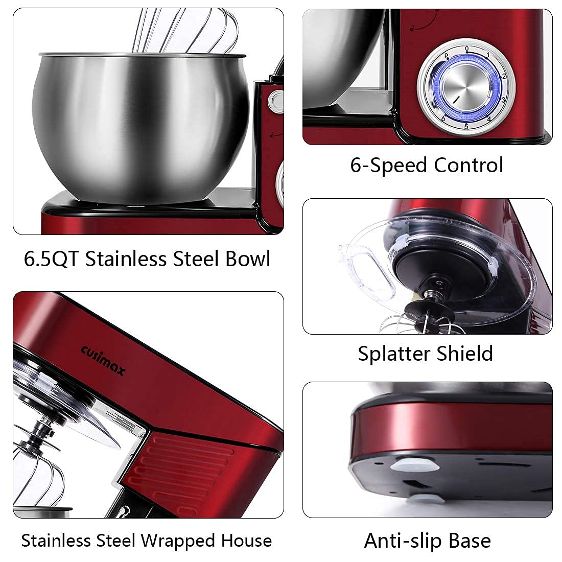 Stand Mixer, CUSIMAX 6.5QT Stainless Steel kitchen Electric Mixer 6-Speeds Tilt-Head Dough Mixers for Home Use with Dough Hook, Wire Whisk & Flat Beater, Splash Guard, Red CUSIMAX