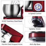 Stand Mixer, CUSIMAX 6.5QT Stainless Steel kitchen Electric Mixer 6-Speeds Tilt-Head Dough Mixers for Home Use with Dough Hook, Wire Whisk & Flat Beater, Splash Guard, Red CUSIMAX