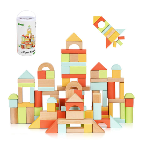 OOOK 100pcs Building Blocks for Toddlers 1-3, Wooden Blocks for Kids with Storage Bucket and Shape Sorter Lid, Montessori Toys for 1 2 3 Year Old, Learning Toys for Preschool Girls and Boys. OOOK
