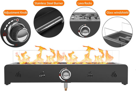 Onlyfire 28 Inch Tabletop Gas Fire Pit, Outdoor Propane Fire Pit Bottom Mounted with Glass Wind Guard and Lava Rock, Rectangular Smokeless Fire Table Indoor Outdoor Fireplace onlyfire