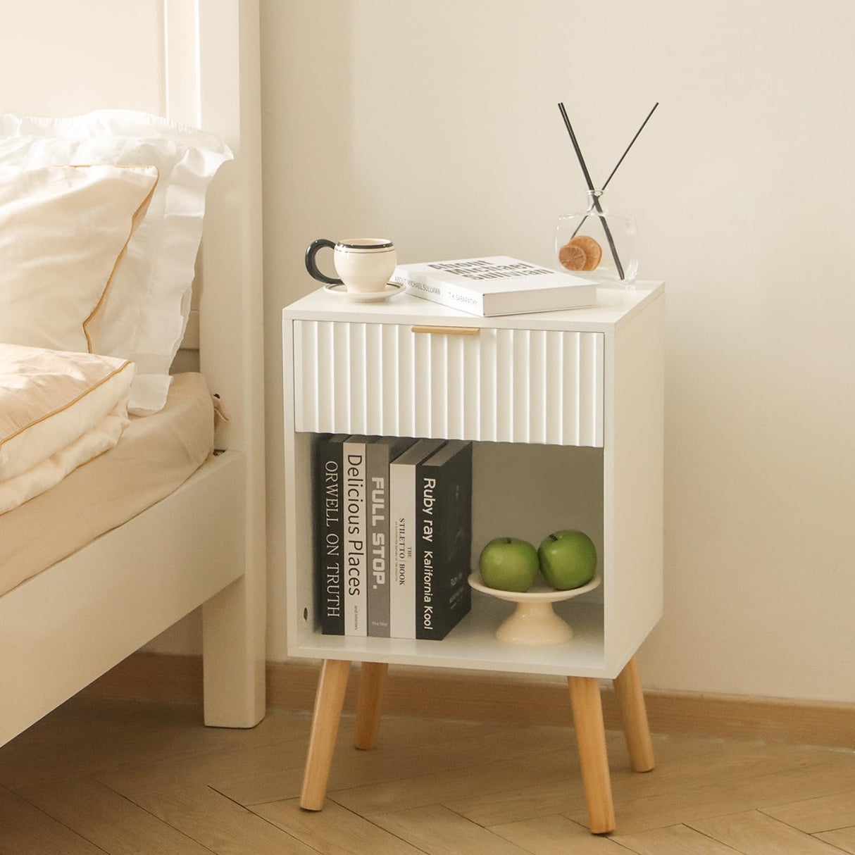 Fultyle White Nightstand, Modern Bedside Table with Drawer and Opening Storage, Fluted End Side Table Living Room with Solid Wood Legs for Bedroom (White) Fultyle