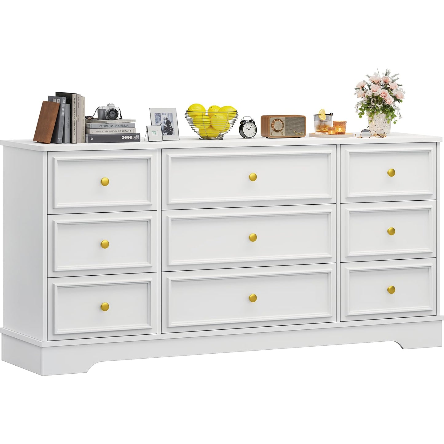 Hasuit Large Dresser with 9 Drawers for Bedroom, 61.4'' Long Modern Chest of Drawers, White Wide Dressers Clothes Closet, Wooden Bedroom Funiture Storage Organizer