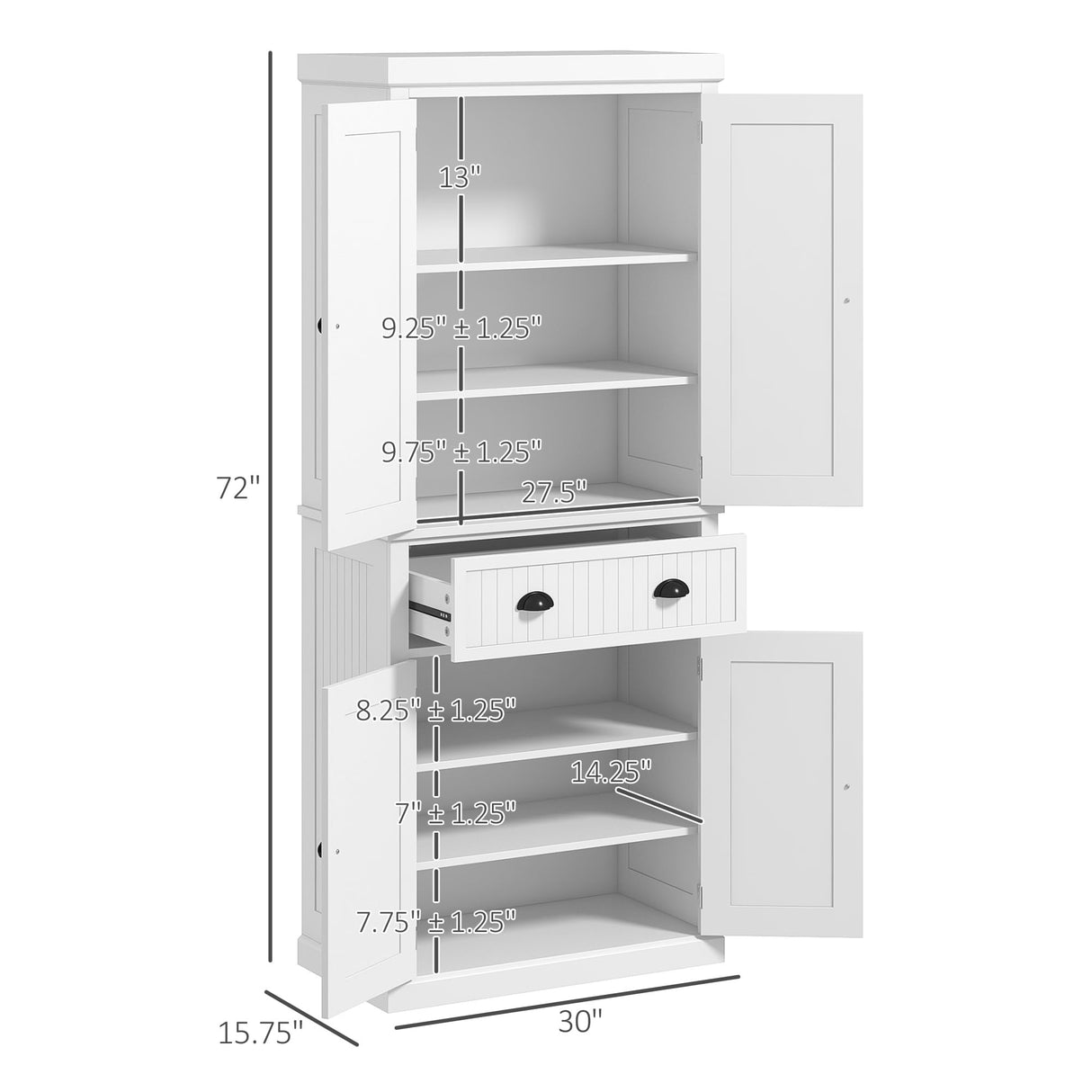 HOMCOM 72" Kitchen Pantry Storage Cabinet, Traditional Freestanding Cupboard with 4 Doors and 3 Adjustable Shelves, Large Central Drawer, White HOMCOM