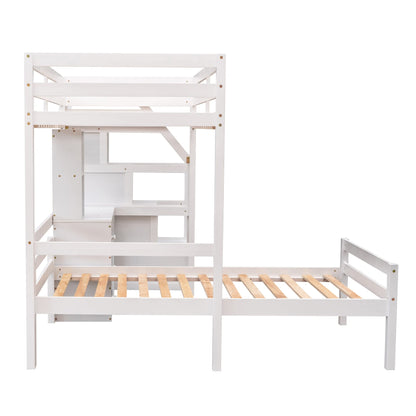 Harper & Bright Designs White Twin over Twin Bunk Bed with Stairs, Desk, and Storage for Kids and Teens