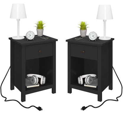 ChooChoo Black Nightstand Set of 2,Night Stand with Charging Station, Wooden Top Bedside End Table with Drawer and Storage Space for Bedroom - WoodArtSupply