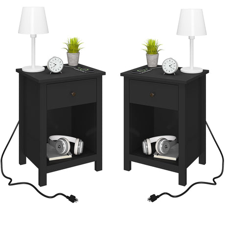 ChooChoo Black Nightstand Set of 2,Night Stand with Charging Station, Wooden Top Bedside End Table with Drawer and Storage Space for Bedroom ChooChoo