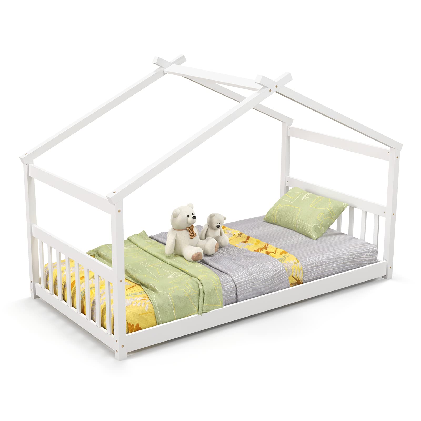 Giantex Twin House Bed in Solid Wood with Roof, Headboard, and Footboard – Low Profile Design for Kids - WoodArtSupply