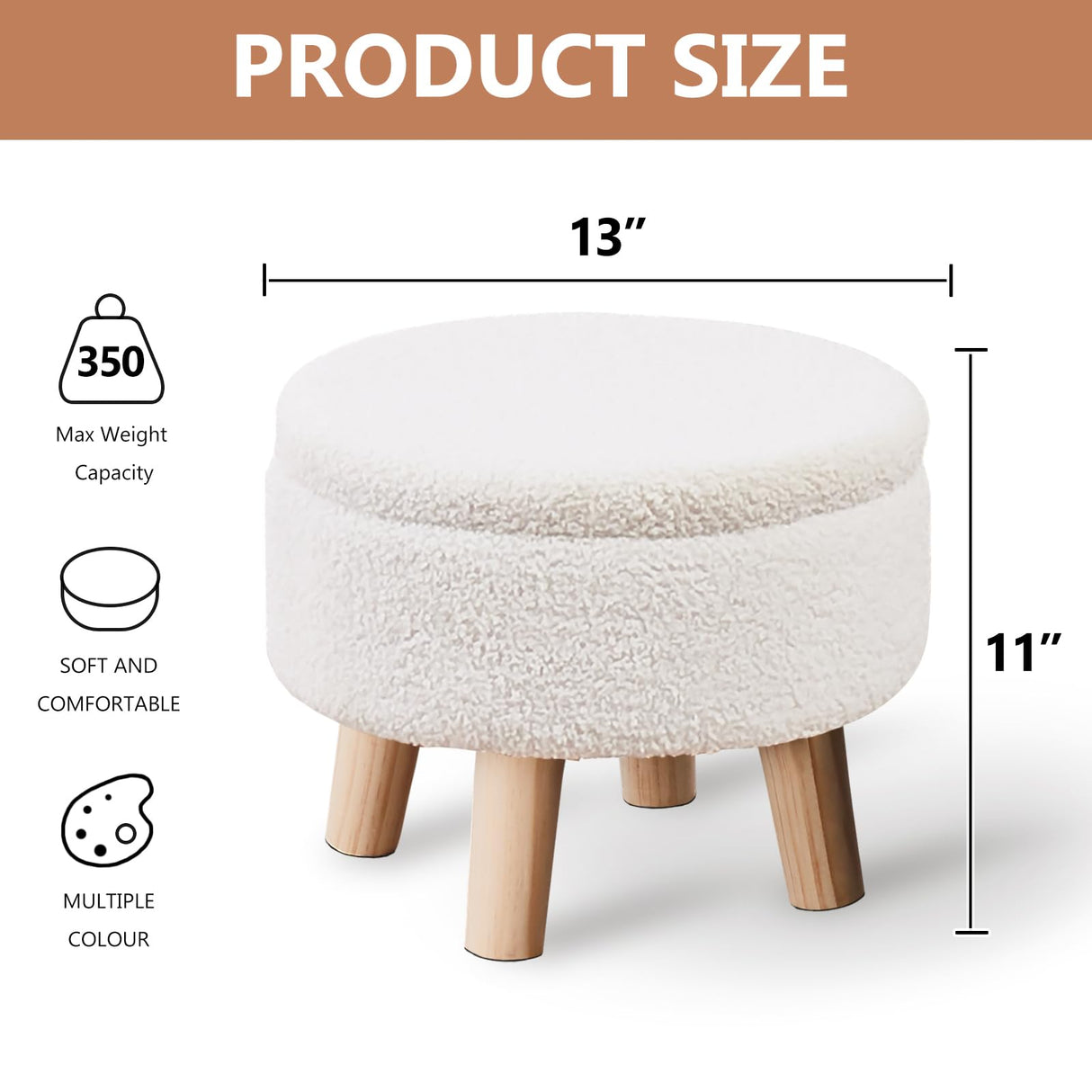 Wimarsbon Storage Ottoman, Modern Round Footrest with Soft Padded Seat, Teddy Velvet Footstool with Wood Legs, Accent Small Table or Plant Stand for Hallway, Living Room (Cream) Wimarsbon