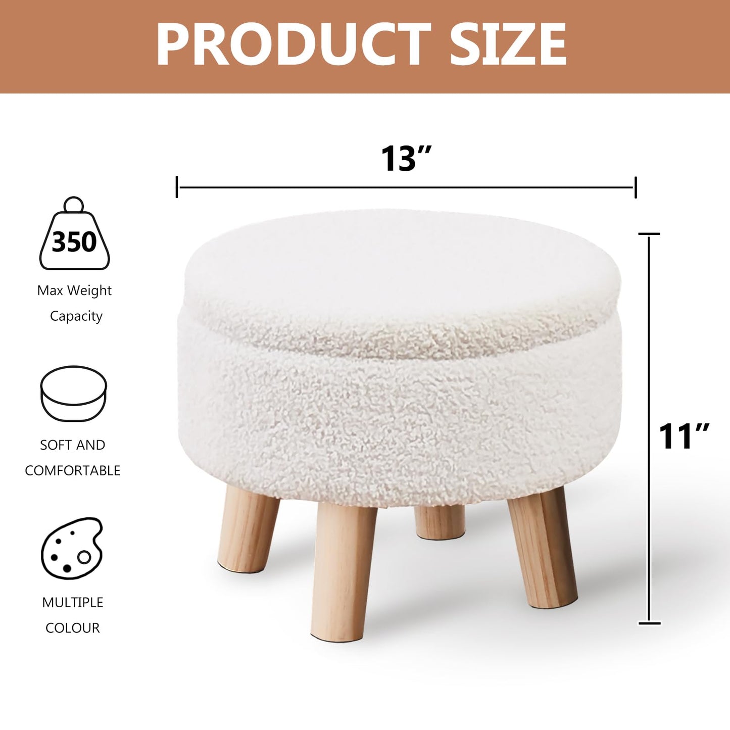 Wimarsbon Storage Ottoman, Modern Round Footrest with Soft Padded Seat, Teddy Velvet Footstool with Wood Legs, Accent Small Table or Plant Stand for Hallway, Living Room (Cream)