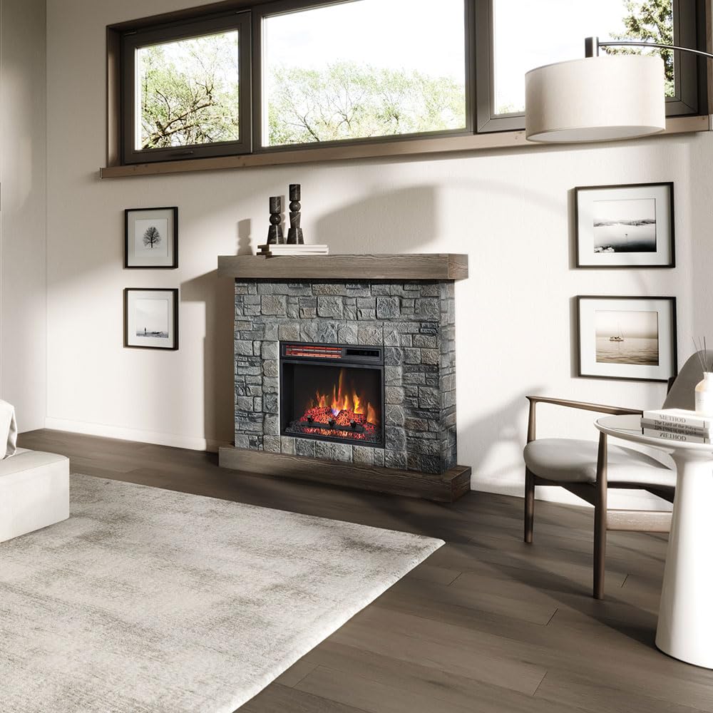 Modern Ember Raeford 40 Inch Wood Fireplace Mantel with Stone Brick Surround and 18" Electric Fireplace Insert | 40" L x 40" H x 11.5" D