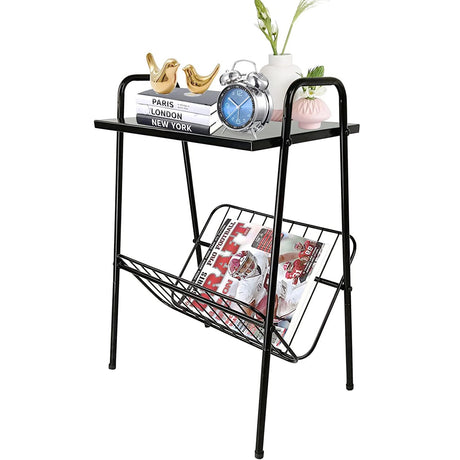 Jbikao End Table, Metal Nightstand, Record Player Table with Magazine Holder, Record Player Stand with Storage, Side Table for Living Room, Bedroom for Small Spaces, Black Jbikao