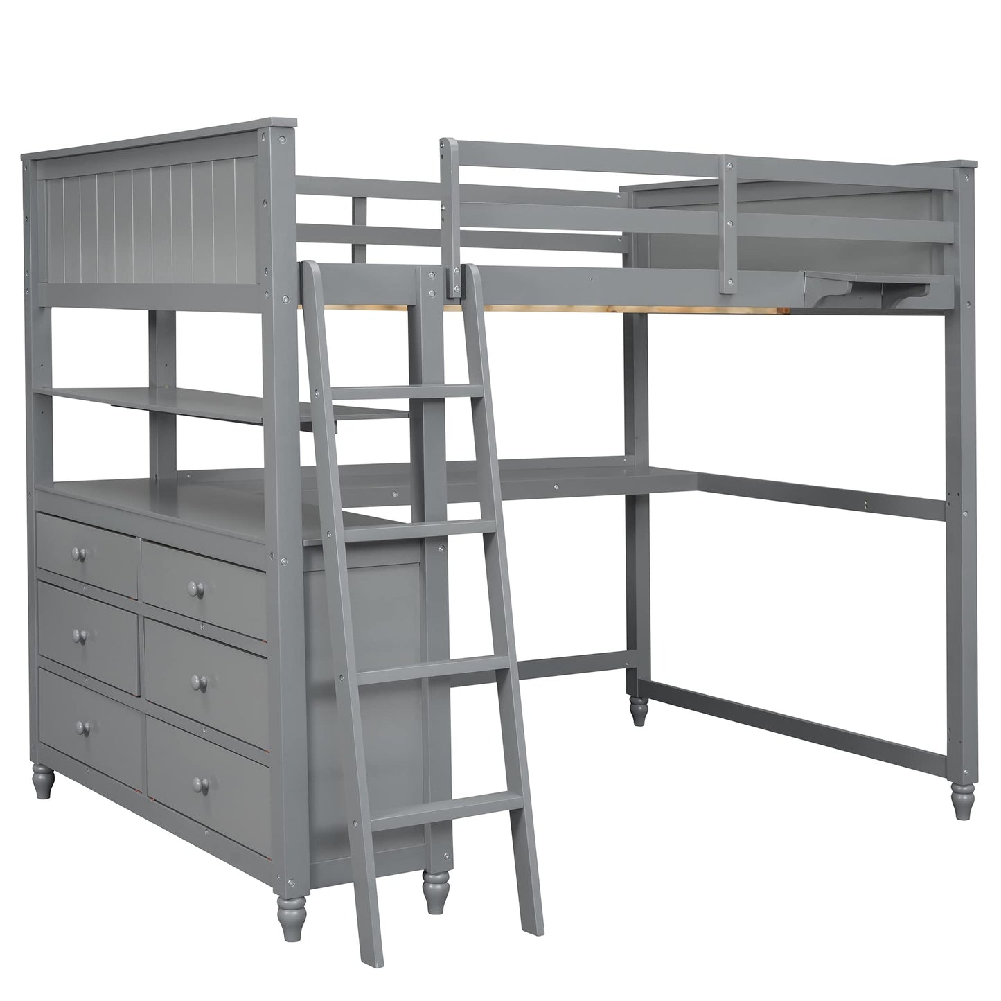 Bellemave Full Size Grey Loft Bed with Integrated Desk and Storage Drawers for Kids and Teens - WoodArtSupply