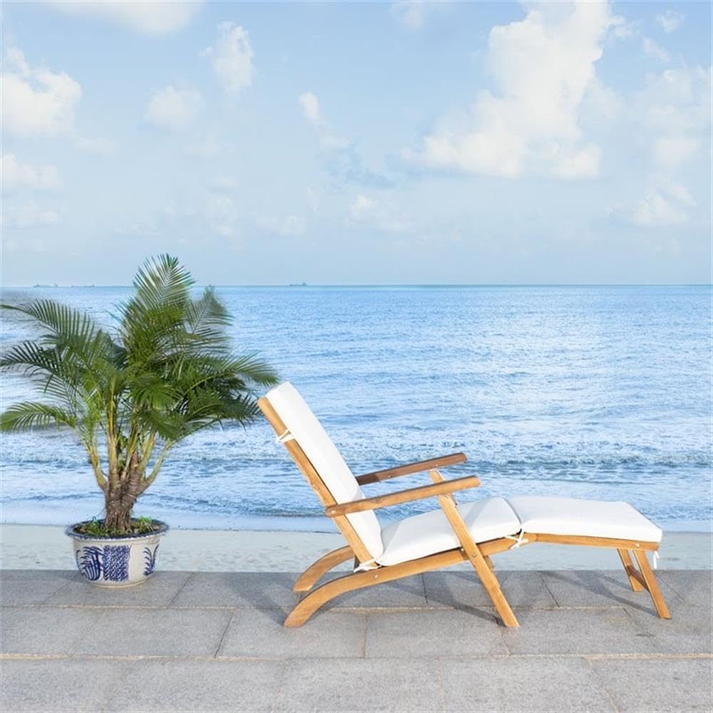 SAFAVIEH Outdoor Collection Palmdale Natural Brown Solid Wood/Beige Cushion Chaise Lounge Chair (PAT7015C) Safavieh