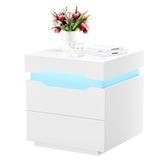 Flamaker LED Nightstand with Charging Station, End Table with 2 Drawer Storage Cabinet, Bedside Table with Sliding Top for Bedroom and Living Room (White) Flamaker