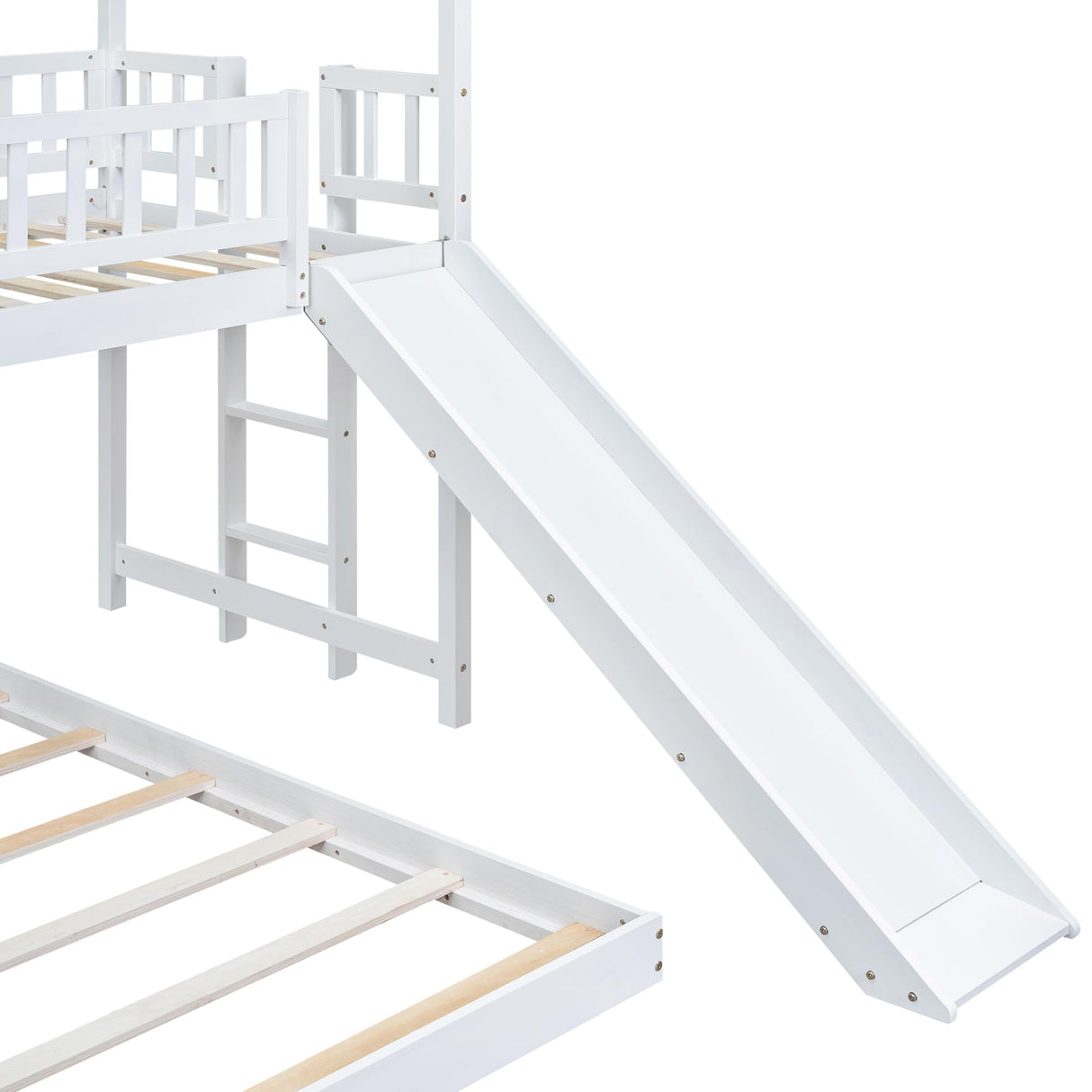 Harper & Bright Designs Twin Over Full Bunk Bed with Slide, Playhouse Bunk Beds Frame with Roof, Ladder and Guardrails, L-Shaped Bunk Beds, Floor Bunk Bed Frame for Kids Boys Girls Teens, White Harper & Bright Designs