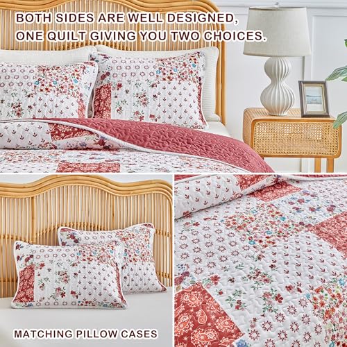 Joyreap 3 Pieces Floral Patchwork Quilt Set Twin, Burgundy Red n White Flowers Design, Smooth Soft Microfiber Quilt, Bedspread Bed Cover for All Season, 90x90 inches Joyreap