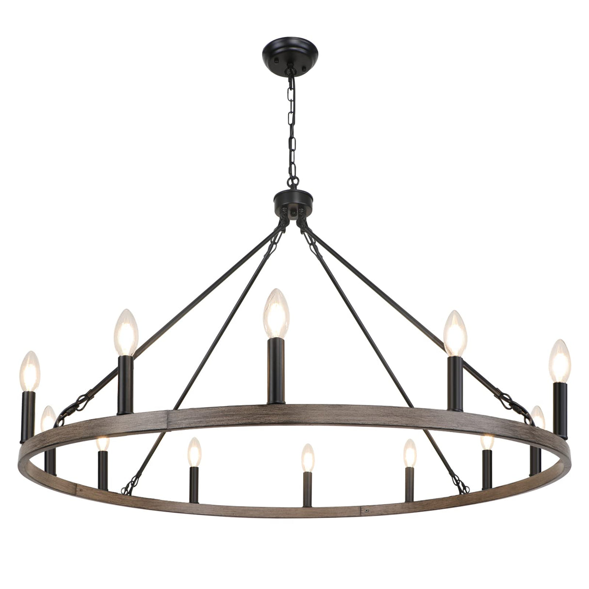 WBinDX 12-Light Wagon Wheel Chandelier Farmhouse Faux Wood Metal Black Chandelier, 38.2 Inch Large Rustic Candle Round Chandeliers for Dining Room Living Room Entryway Foyer Lighting WBinDX