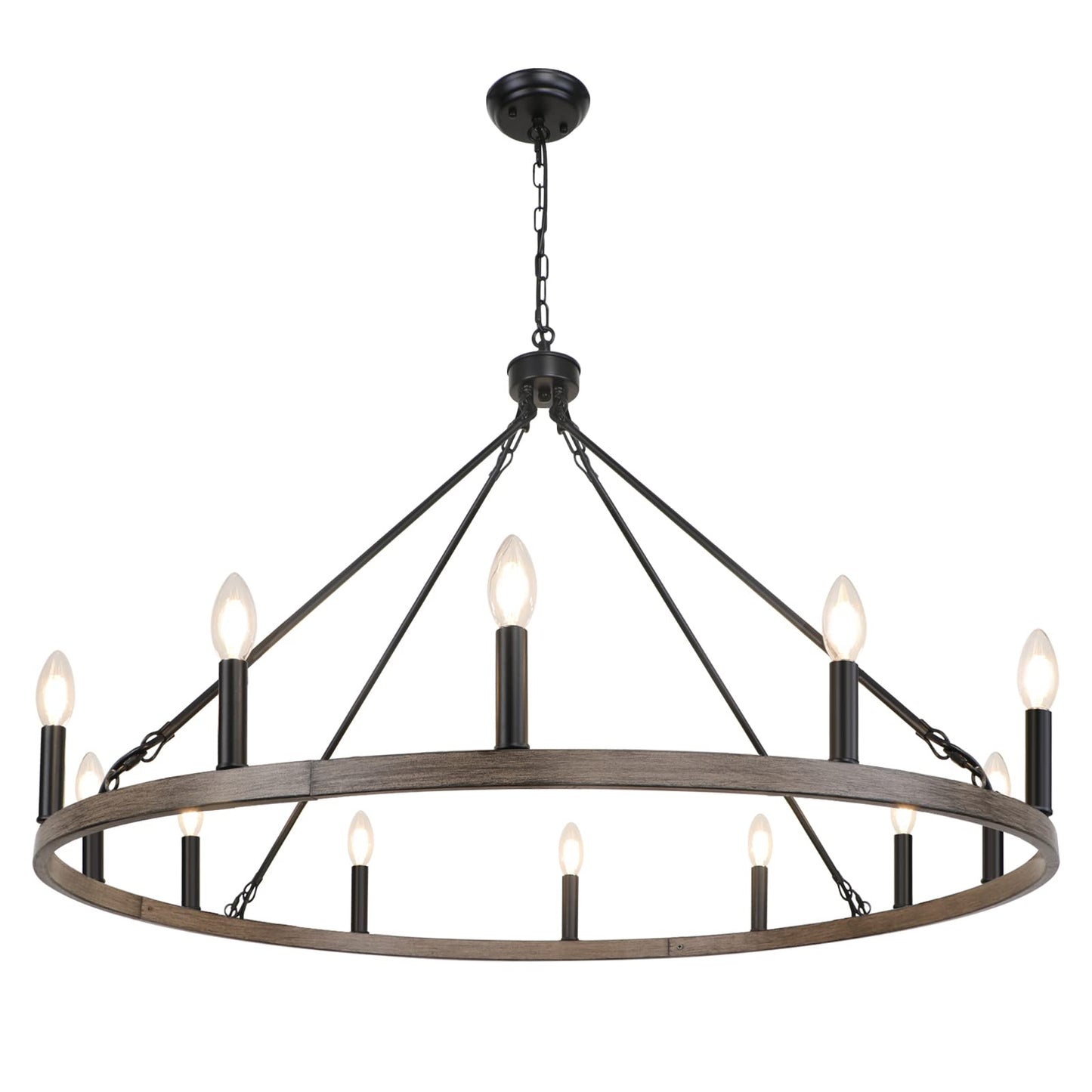 WBinDX 12-Light Wagon Wheel Chandelier Farmhouse Faux Wood Metal Black Chandelier, 38.2 Inch Large Rustic Candle Round Chandeliers for Dining Room Living Room Entryway Foyer Lighting