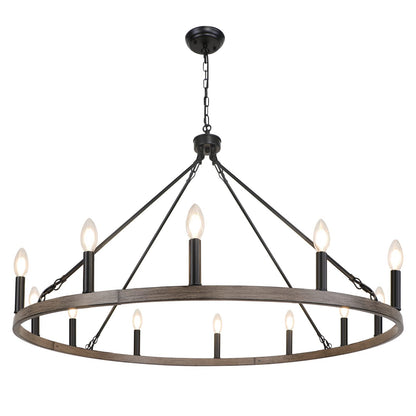 WBinDX 12-Light Wagon Wheel Chandelier Farmhouse Faux Wood Metal Black Chandelier, 38.2 Inch Large Rustic Candle Round Chandeliers for Dining Room Living Room Entryway Foyer Lighting