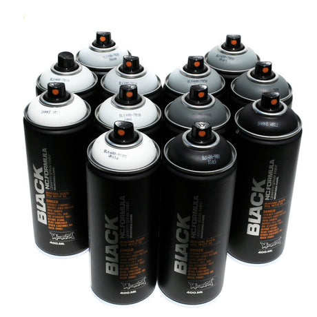 Montana BLACK 400ml Set of 12 Graffiti Street Art Mural Spray Paint (Grey Scale) Montana Black