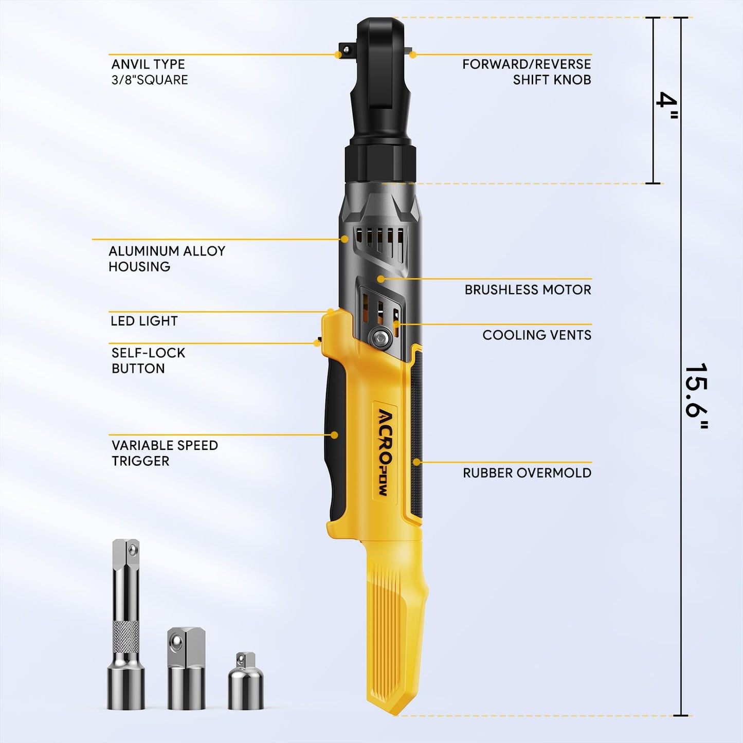 ACROPOW 3/8" Cordless Ratchet Wrench, Compatible with DEWALT 20V MAX Battery, 74Ft-Lbs Brushless Motor Electric Ratchet with Variable Speed, 1/2" & 1/4" Adapters, 3" Extension Bar (Tool Only) - WoodArtSupply