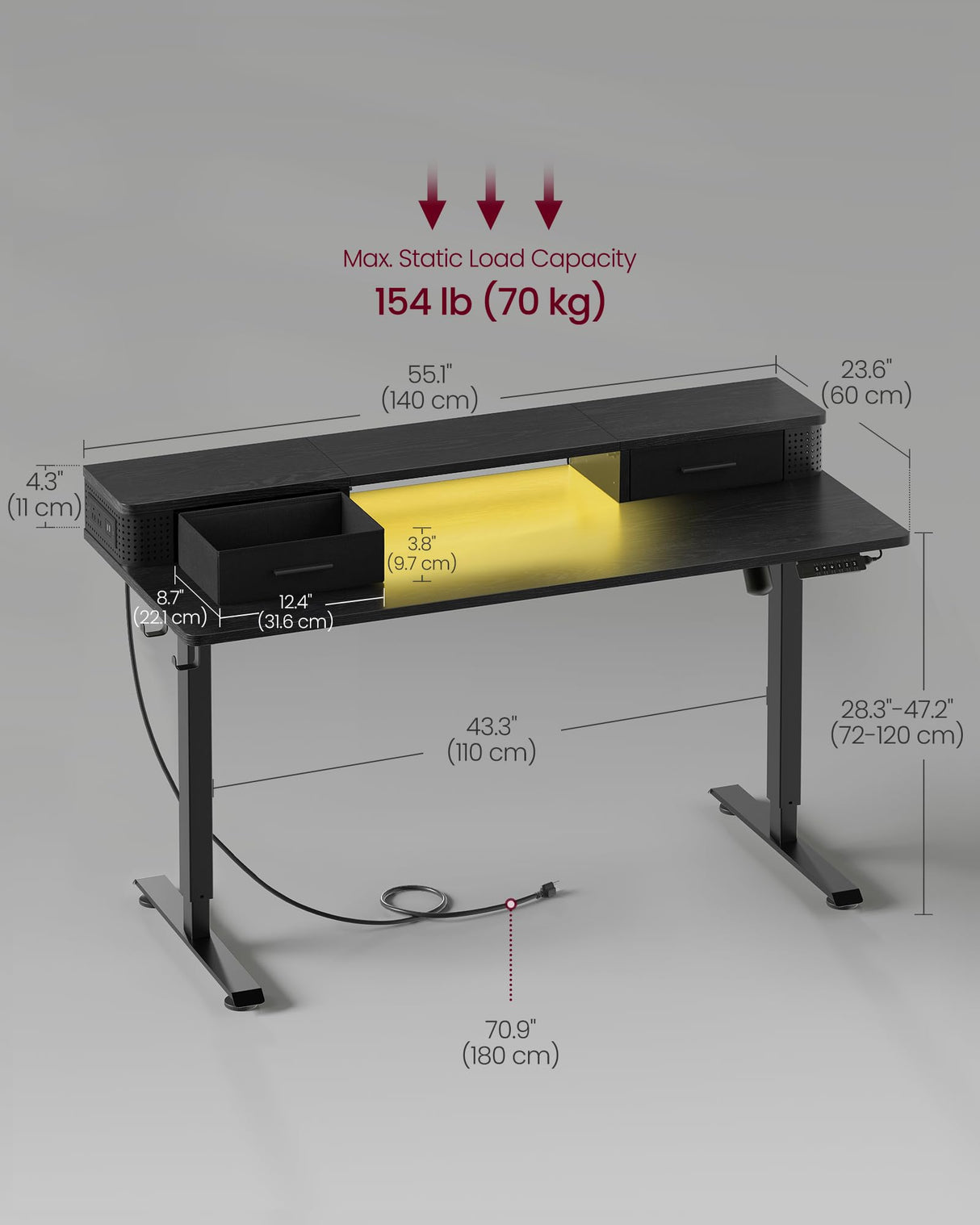 VASAGLE Electric Standing Desk with Drawers, 55.1 x 23.6 Inches, Sit Stand Desk with Power Outlet and LED Lights, Adjustable Height, Storage Shelf, 3 Memory Buttons, for Home Office, Ink Black VASAGLE