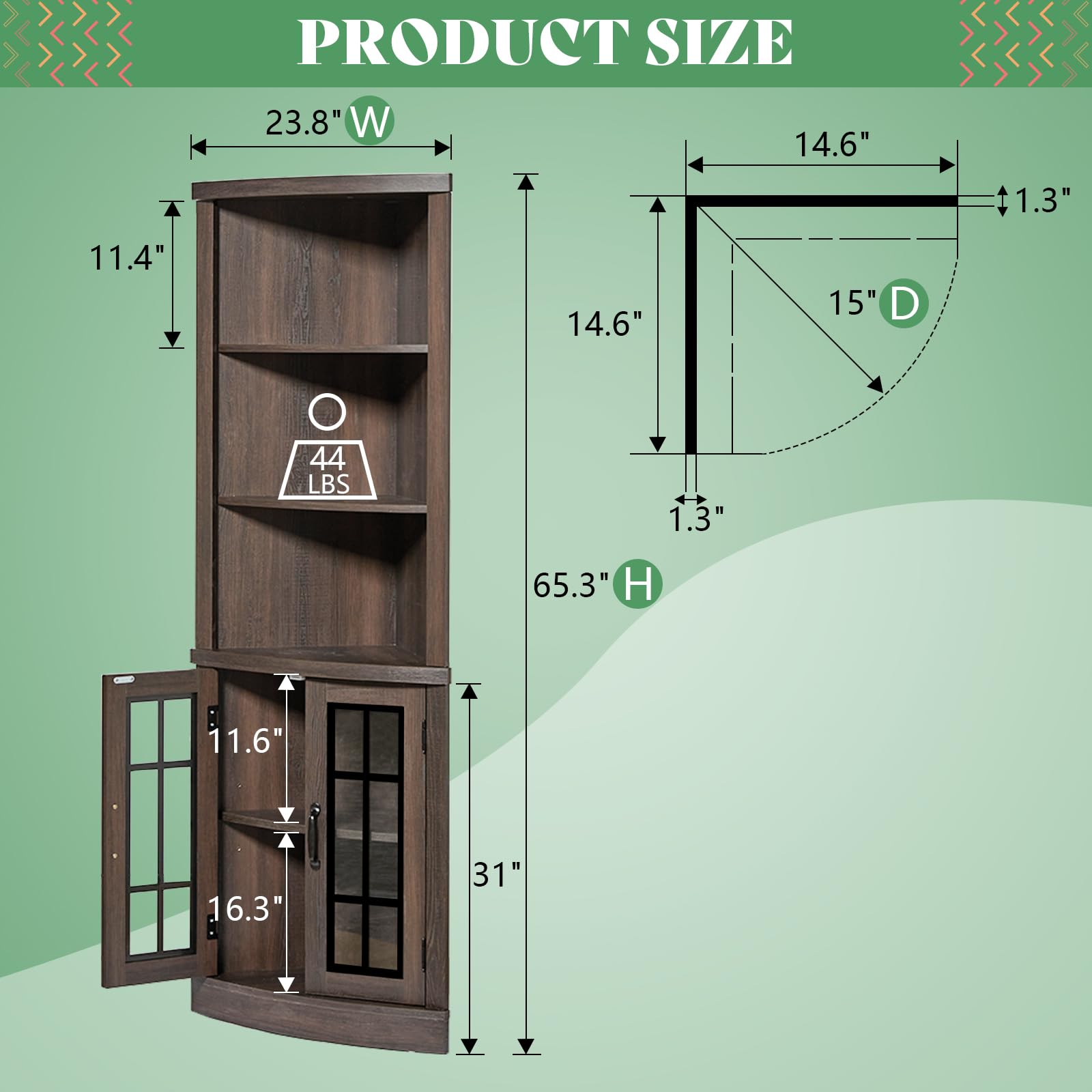 AMERLIFE Curved Corner Storage Cabinet, 65" Tall Freestanding Bookcase with Glass Doors & Adjustable Shelves, 5-Tier Corner Display Cabinet for Living Room, Bathroom, Laundry Room, Espresso - WoodArtSupply