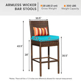 Sundale Outdoor Wicker Bar Stool Set of 4, 30 Inch Seat Height Patio Counter Height Stool with Back Rest, Rattan Woven Tall Chair with Pillow & Blue Cushion, High Bar Stool - Steel, Brown Sundale Outdoor