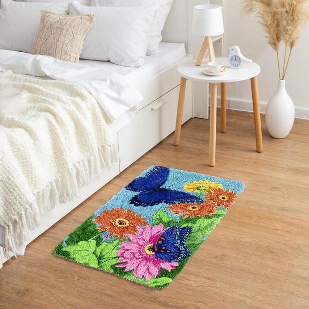 Yjunue Butterfly Floral Latch Hook Kits for Adults, DIY Crochet Yarn Rugs Hooking Craft Kit with Color Preprinted Pattern Design for Kids Adults and Beginners(Butterfly, 20 x 15in) Yjunue