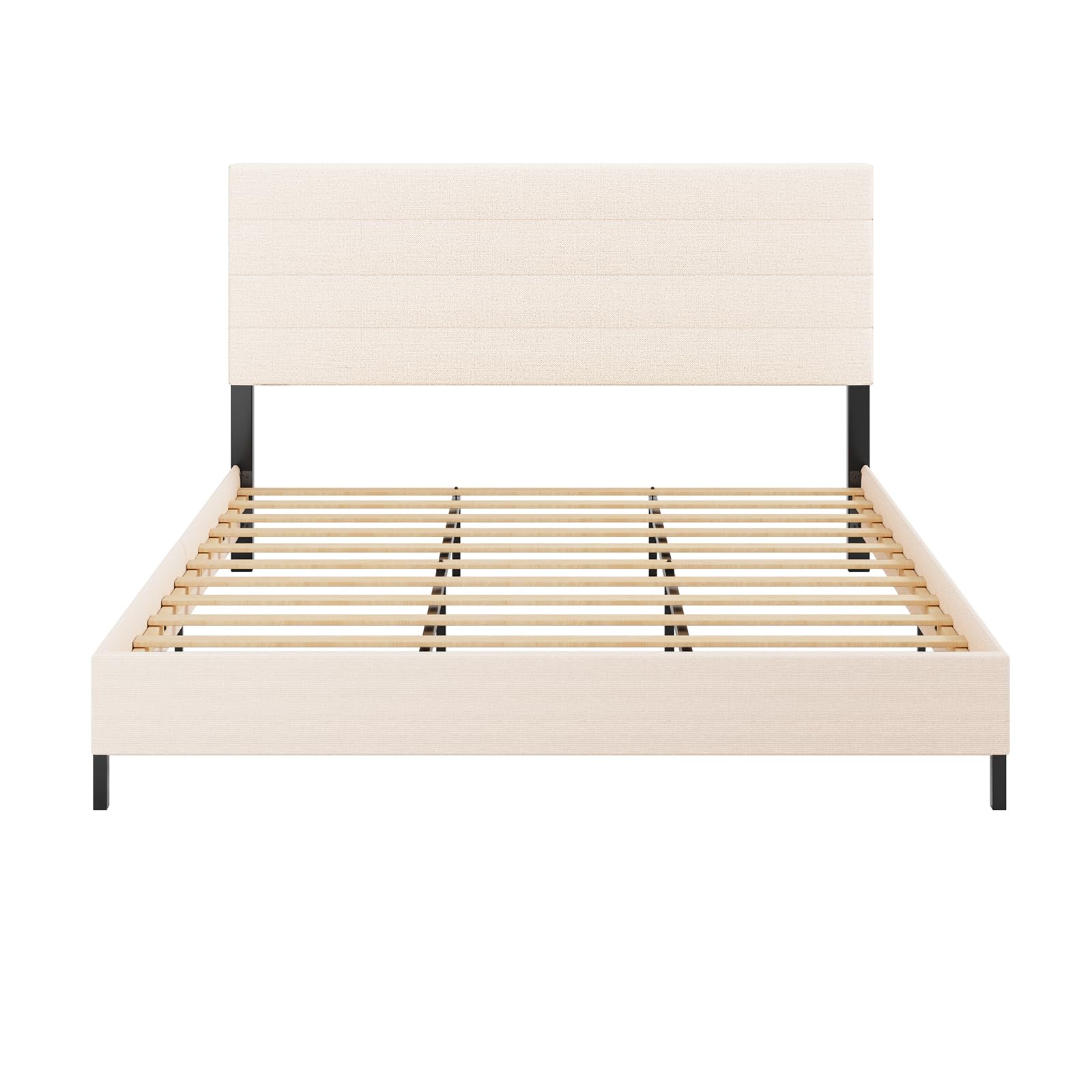 Furnihome Modern King Bed Frame with Adjustable Linen Headboard and Wooden Slats in Beige - WoodArtSupply