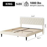 HOMBCK King Size Bed Frame with Headboard, Linen Fabric Upholstered Platform Bed Frame, Button Tufted Bed Frame King, Wooden Slat Support, No Box Spring Needed, Easy Assembly, Cream HOMBCK
